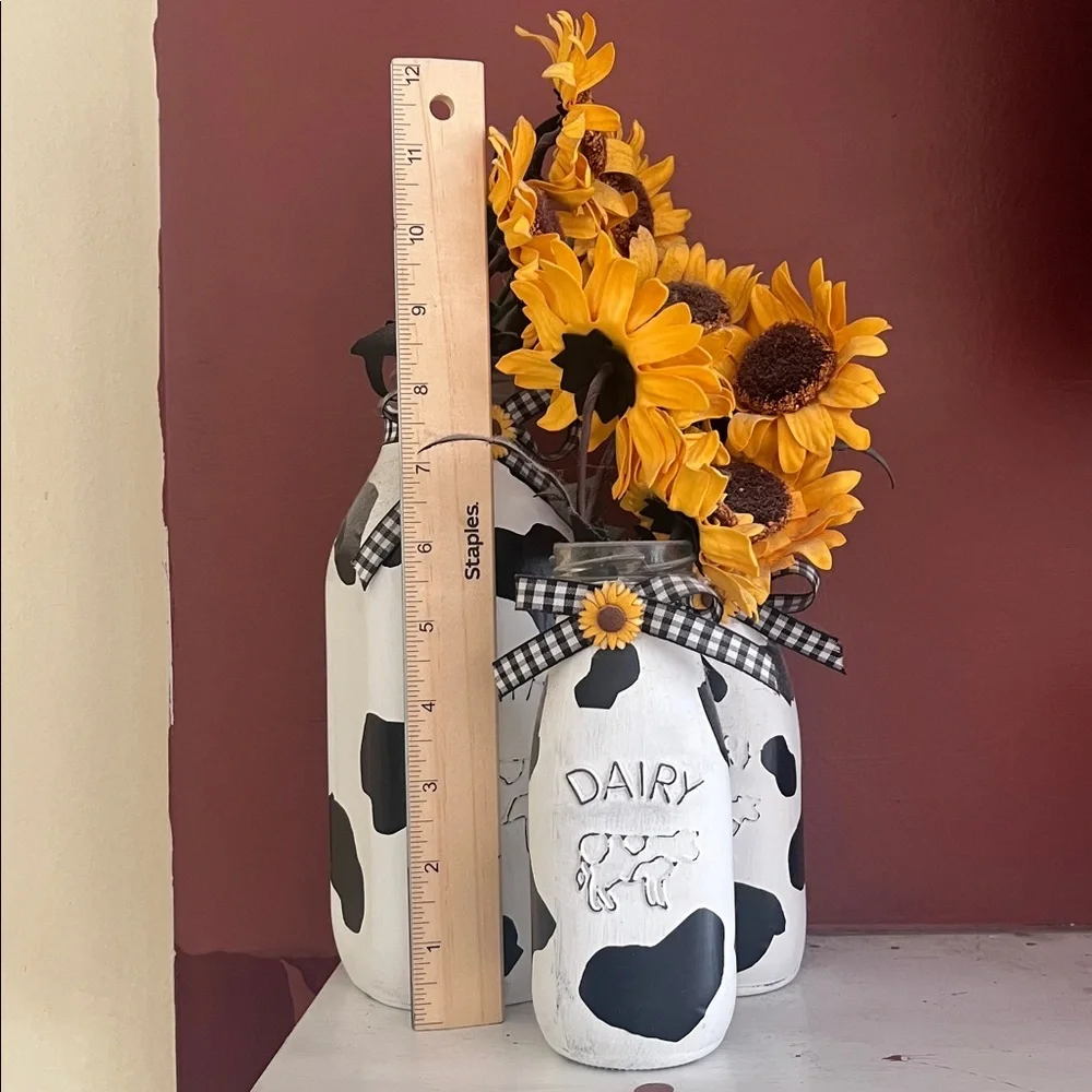 3 pc Hand crafted Cow Print Dairy Vase Set with Sunflowers